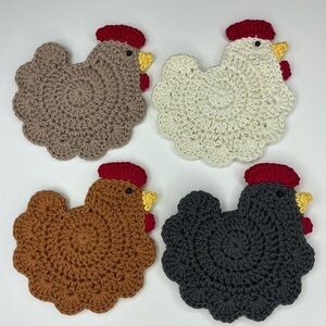 Chicken Cup Mug Coasters Set of 4 Handcrafted Crochet by Seller Cotton